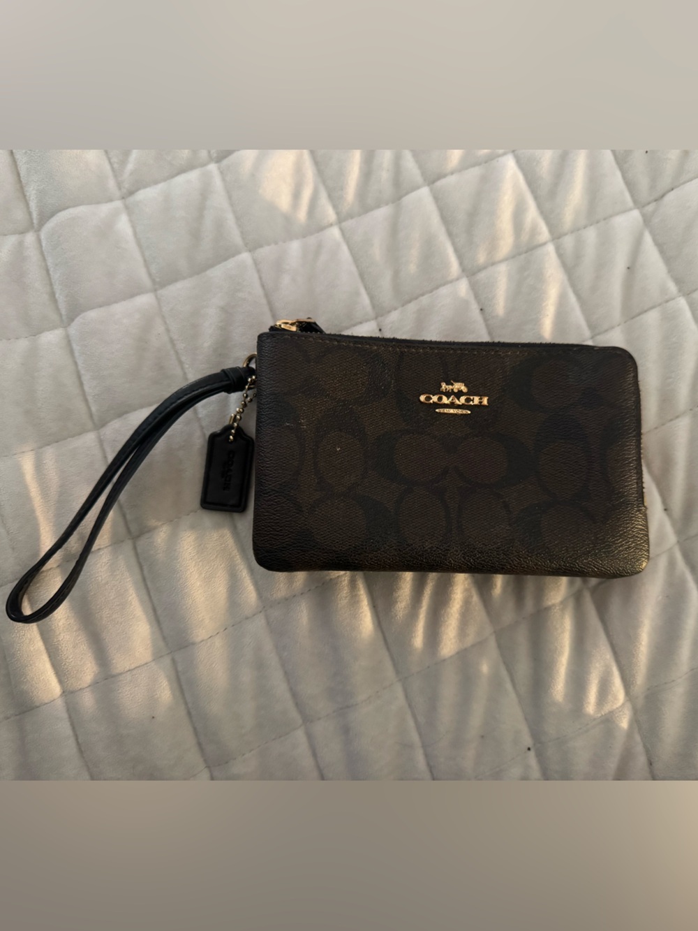 Coach Dark Brown Monogram Wristlet Wallet with Gold Logo
